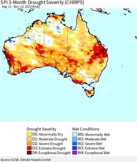 Australia SPI 3-Month Drought Severity (CHIRPS) Thematic Map For 8/11/2023 - 11/10/2023