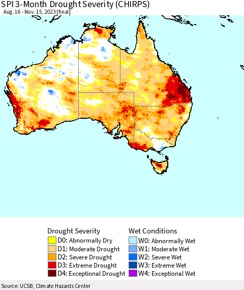 Australia SPI 3-Month Drought Severity (CHIRPS) Thematic Map For 8/16/2023 - 11/15/2023