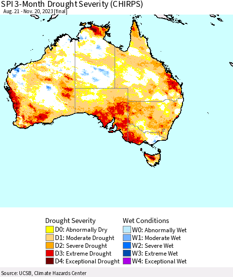 Australia SPI 3-Month Drought Severity (CHIRPS) Thematic Map For 8/21/2023 - 11/20/2023