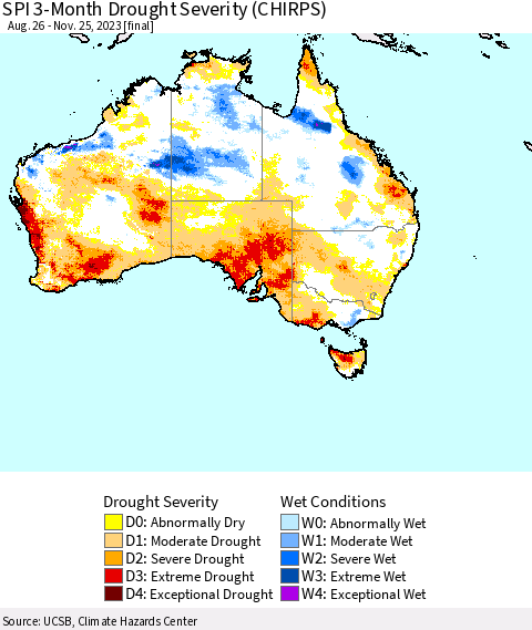 Australia SPI 3-Month Drought Severity (CHIRPS) Thematic Map For 8/26/2023 - 11/25/2023