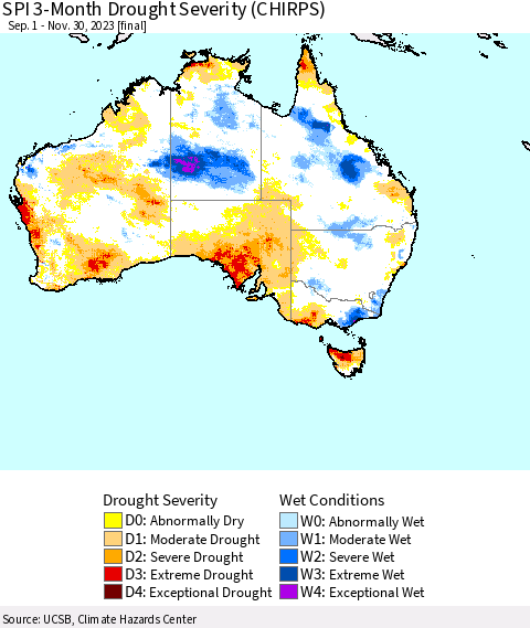 Australia SPI 3-Month Drought Severity (CHIRPS) Thematic Map For 9/1/2023 - 11/30/2023