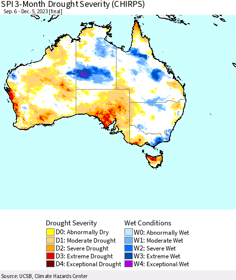 Australia SPI 3-Month Drought Severity (CHIRPS) Thematic Map For 9/6/2023 - 12/5/2023