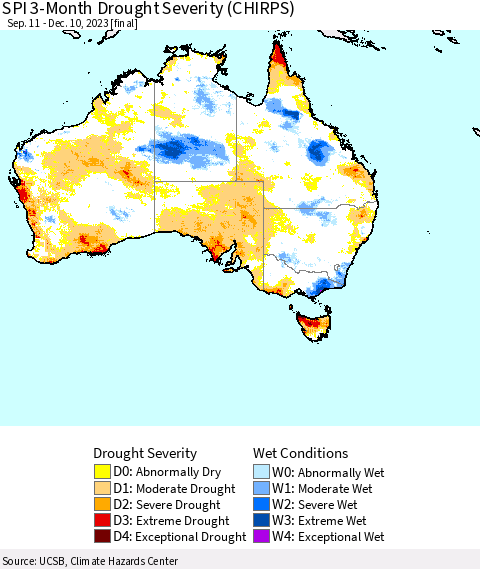 Australia SPI 3-Month Drought Severity (CHIRPS) Thematic Map For 9/11/2023 - 12/10/2023