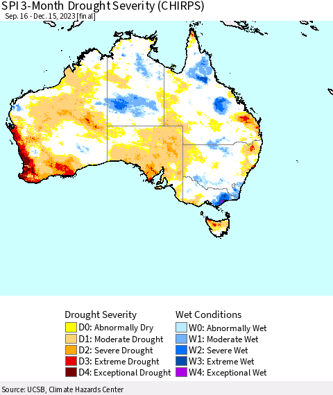 Australia SPI 3-Month Drought Severity (CHIRPS) Thematic Map For 9/16/2023 - 12/15/2023