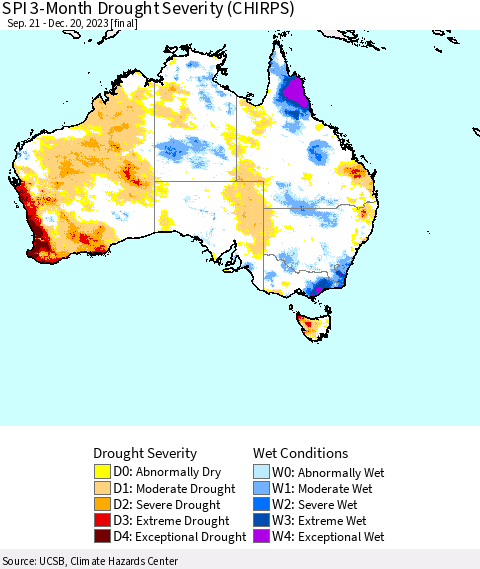 Australia SPI 3-Month Drought Severity (CHIRPS) Thematic Map For 9/21/2023 - 12/20/2023