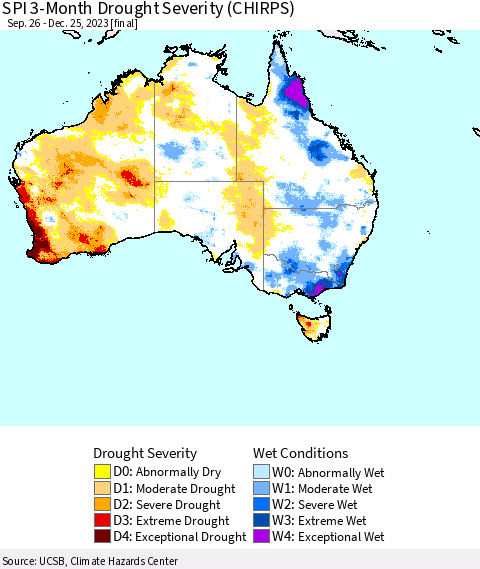 Australia SPI 3-Month Drought Severity (CHIRPS) Thematic Map For 9/26/2023 - 12/25/2023