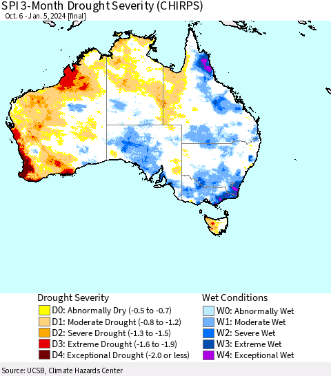 Australia SPI 3-Month Drought Severity (CHIRPS) Thematic Map For 10/6/2023 - 1/5/2024