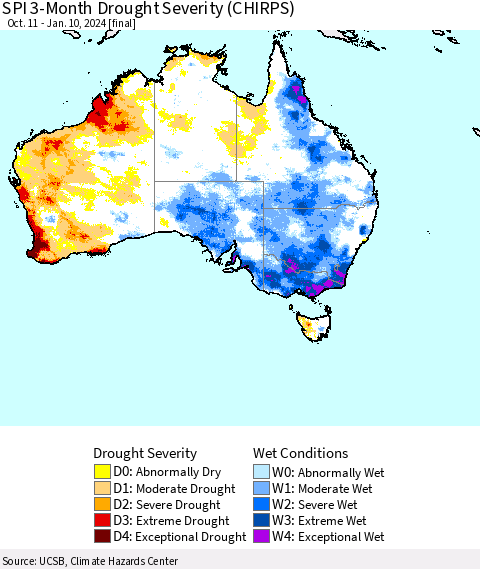 Australia SPI 3-Month Drought Severity (CHIRPS) Thematic Map For 10/11/2023 - 1/10/2024