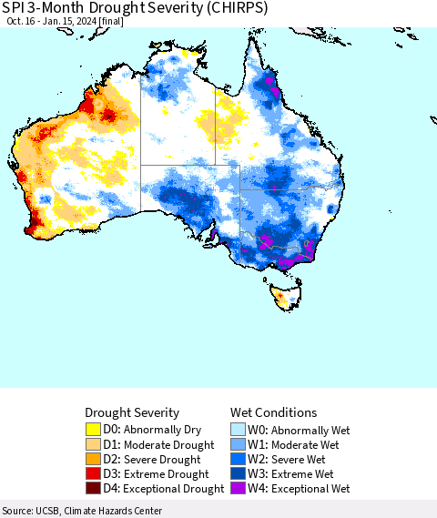 Australia SPI 3-Month Drought Severity (CHIRPS) Thematic Map For 10/16/2023 - 1/15/2024