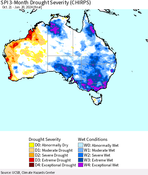 Australia SPI 3-Month Drought Severity (CHIRPS) Thematic Map For 10/21/2023 - 1/20/2024