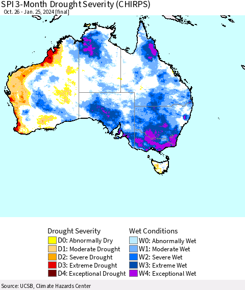 Australia SPI 3-Month Drought Severity (CHIRPS) Thematic Map For 10/26/2023 - 1/25/2024
