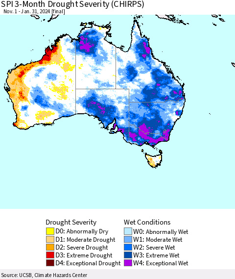 Australia SPI 3-Month Drought Severity (CHIRPS) Thematic Map For 11/1/2023 - 1/31/2024
