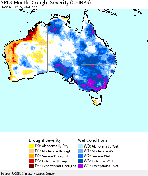 Australia SPI 3-Month Drought Severity (CHIRPS) Thematic Map For 11/6/2023 - 2/5/2024