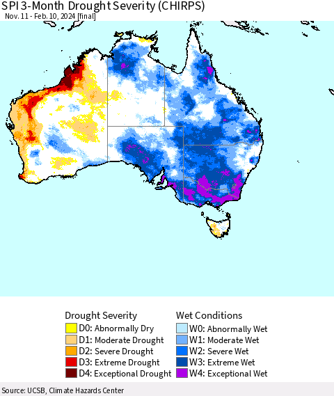 Australia SPI 3-Month Drought Severity (CHIRPS) Thematic Map For 11/11/2023 - 2/10/2024