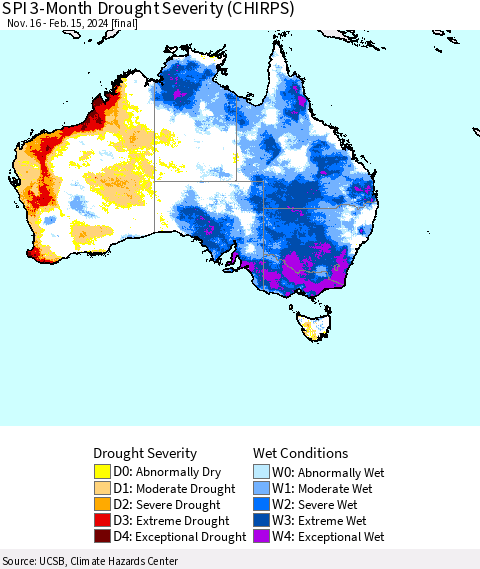 Australia SPI 3-Month Drought Severity (CHIRPS) Thematic Map For 11/16/2023 - 2/15/2024