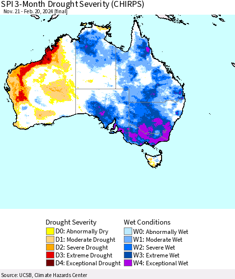 Australia SPI 3-Month Drought Severity (CHIRPS) Thematic Map For 11/21/2023 - 2/20/2024