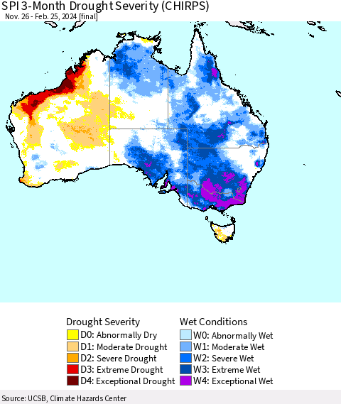Australia SPI 3-Month Drought Severity (CHIRPS) Thematic Map For 11/26/2023 - 2/25/2024