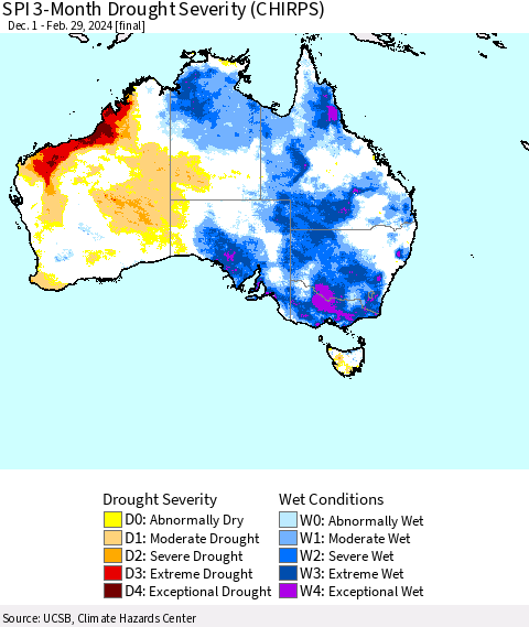 Australia SPI 3-Month Drought Severity (CHIRPS) Thematic Map For 12/1/2023 - 2/29/2024