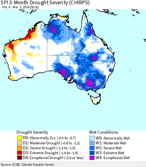Australia SPI 3-Month Drought Severity (CHIRPS) Thematic Map For 12/6/2023 - 3/5/2024