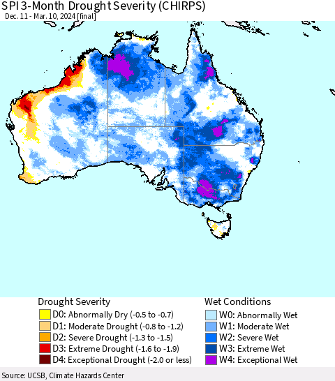 Australia SPI 3-Month Drought Severity (CHIRPS) Thematic Map For 12/11/2023 - 3/10/2024