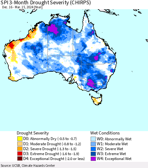 Australia SPI 3-Month Drought Severity (CHIRPS) Thematic Map For 12/16/2023 - 3/15/2024