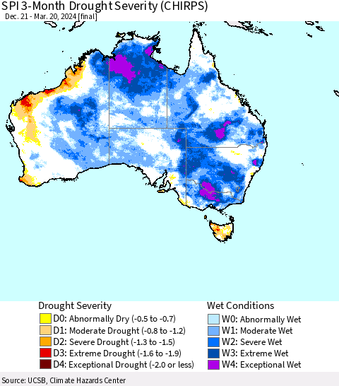 Australia SPI 3-Month Drought Severity (CHIRPS) Thematic Map For 12/21/2023 - 3/20/2024