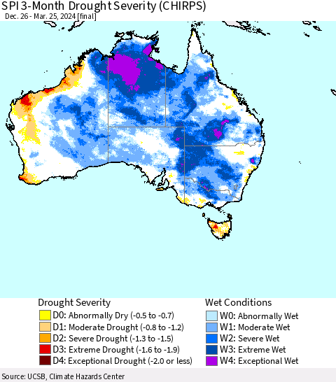 Australia SPI 3-Month Drought Severity (CHIRPS) Thematic Map For 12/26/2023 - 3/25/2024