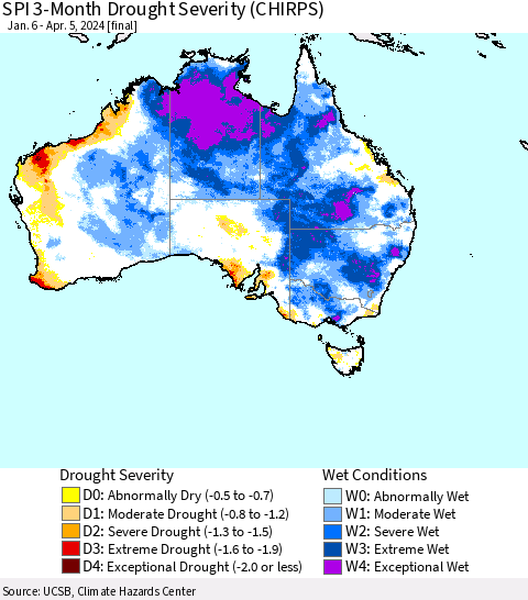 Australia SPI 3-Month Drought Severity (CHIRPS) Thematic Map For 1/6/2024 - 4/5/2024