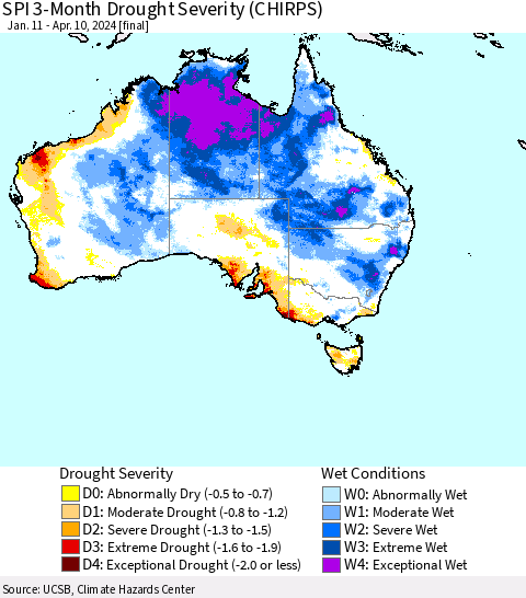 Australia SPI 3-Month Drought Severity (CHIRPS) Thematic Map For 1/11/2024 - 4/10/2024