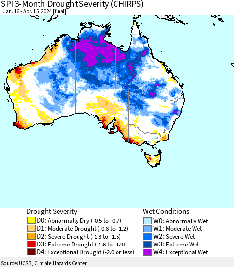 Australia SPI 3-Month Drought Severity (CHIRPS) Thematic Map For 1/16/2024 - 4/15/2024