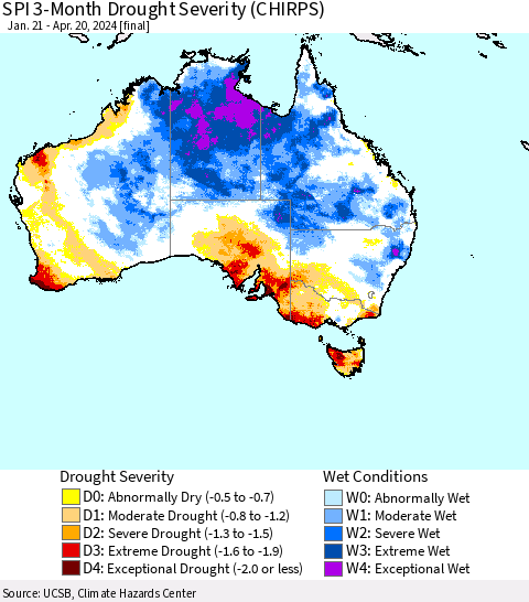 Australia SPI 3-Month Drought Severity (CHIRPS) Thematic Map For 1/21/2024 - 4/20/2024