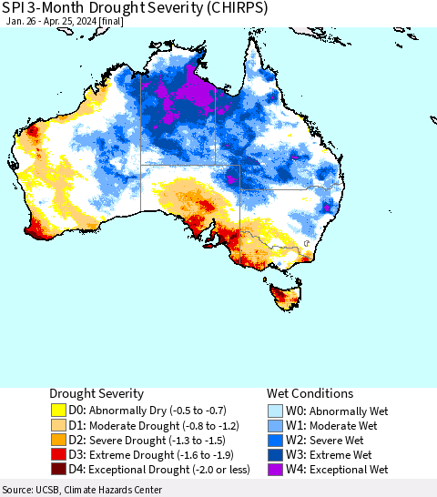 Australia SPI 3-Month Drought Severity (CHIRPS) Thematic Map For 1/26/2024 - 4/25/2024