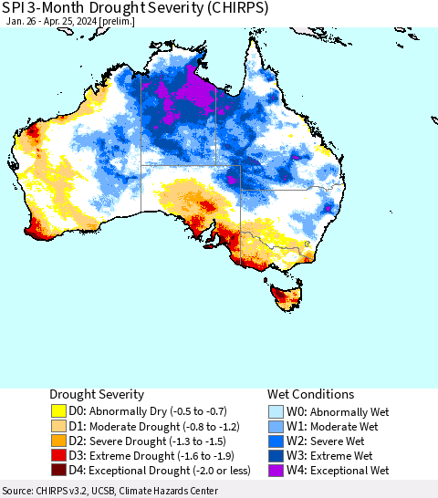Australia SPI 3-Month Drought Severity (CHIRPS) Thematic Map For 1/26/2024 - 4/25/2024