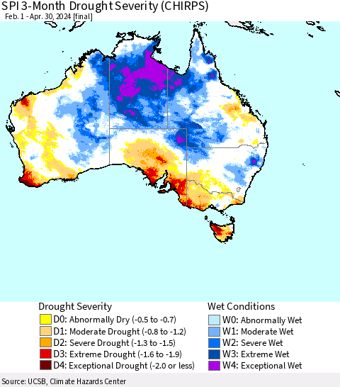 Australia SPI 3-Month Drought Severity (CHIRPS) Thematic Map For 2/1/2024 - 4/30/2024