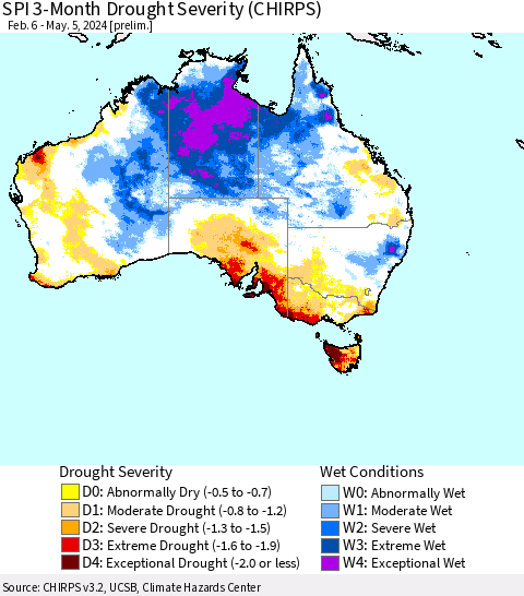 Australia SPI 3-Month Drought Severity (CHIRPS) Thematic Map For 2/6/2024 - 5/5/2024