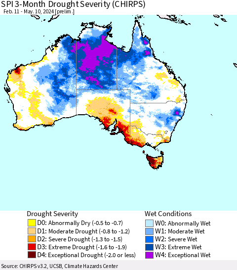 Australia SPI 3-Month Drought Severity (CHIRPS) Thematic Map For 2/11/2024 - 5/10/2024