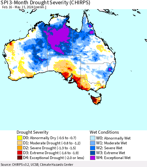 Australia SPI 3-Month Drought Severity (CHIRPS) Thematic Map For 2/16/2024 - 5/15/2024