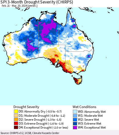 Australia SPI 3-Month Drought Severity (CHIRPS) Thematic Map For 2/21/2024 - 5/20/2024