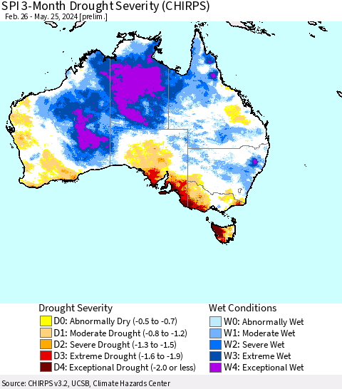 Australia SPI 3-Month Drought Severity (CHIRPS) Thematic Map For 2/26/2024 - 5/25/2024
