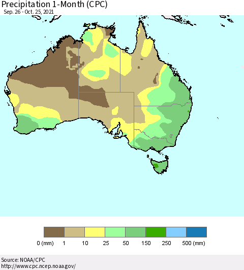 Australia Precipitation 1-Month (CPC) Thematic Map For 9/26/2021 - 10/25/2021