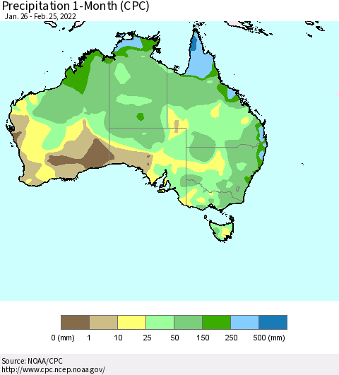 Australia Precipitation 1-Month (CPC) Thematic Map For 1/26/2022 - 2/25/2022
