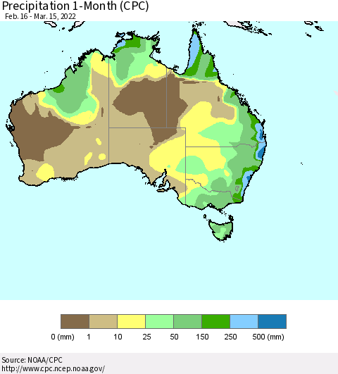 Australia Precipitation 1-Month (CPC) Thematic Map For 2/16/2022 - 3/15/2022