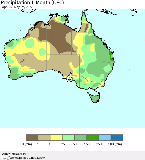 Australia Precipitation 1-Month (CPC) Thematic Map For 4/26/2022 - 5/25/2022