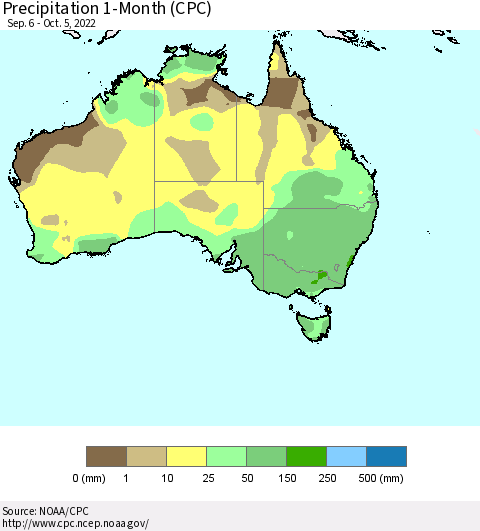 Australia Precipitation 1-Month (CPC) Thematic Map For 9/6/2022 - 10/5/2022