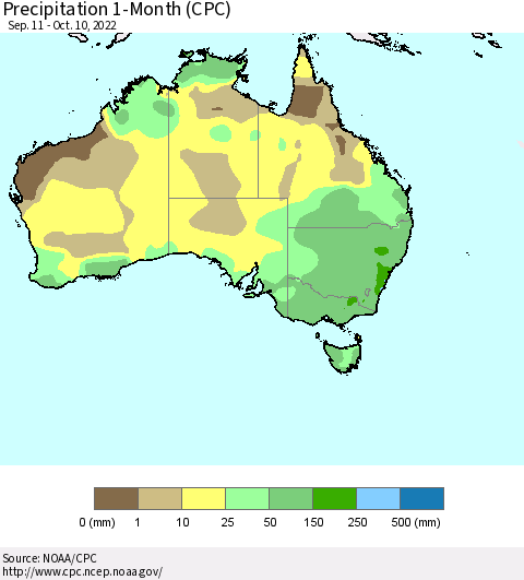 Australia Precipitation 1-Month (CPC) Thematic Map For 9/11/2022 - 10/10/2022