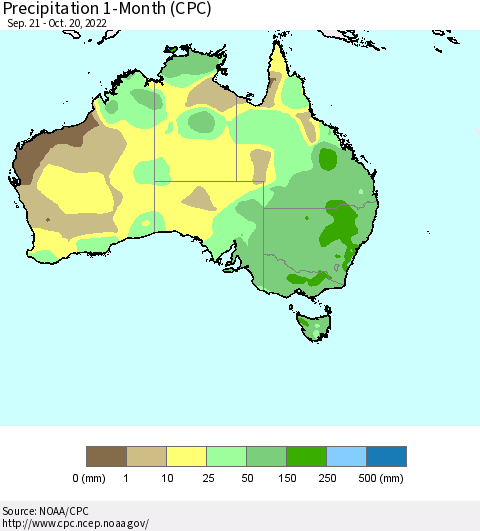 Australia Precipitation 1-Month (CPC) Thematic Map For 9/21/2022 - 10/20/2022