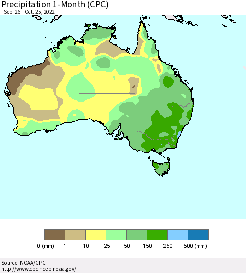 Australia Precipitation 1-Month (CPC) Thematic Map For 9/26/2022 - 10/25/2022