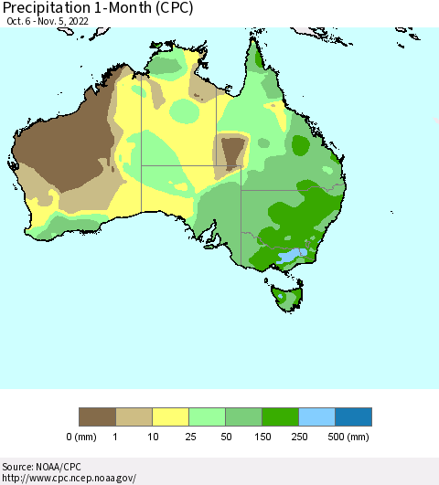 Australia Precipitation 1-Month (CPC) Thematic Map For 10/6/2022 - 11/5/2022
