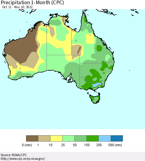 Australia Precipitation 1-Month (CPC) Thematic Map For 10/11/2022 - 11/10/2022