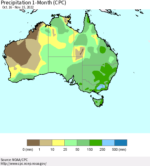 Australia Precipitation 1-Month (CPC) Thematic Map For 10/16/2022 - 11/15/2022